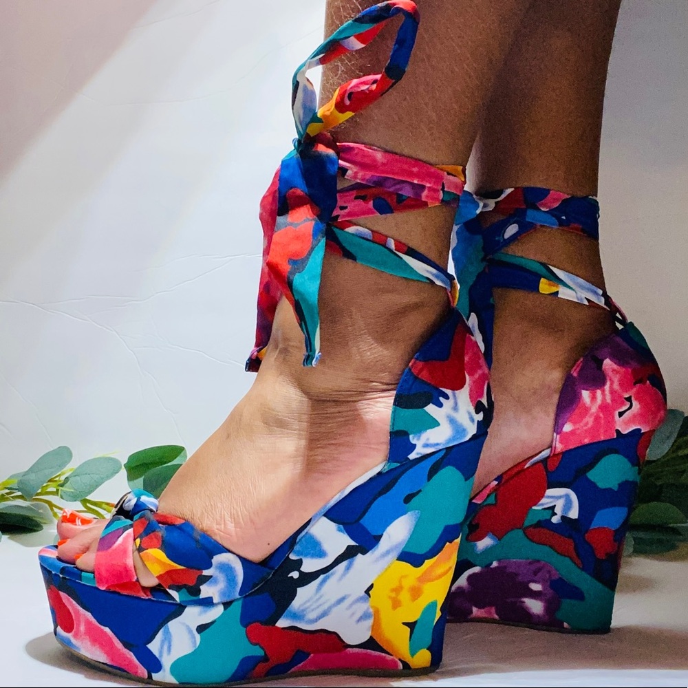 BAMBOO Multicolor Floral Print Ankle Tie Wedge Sandals